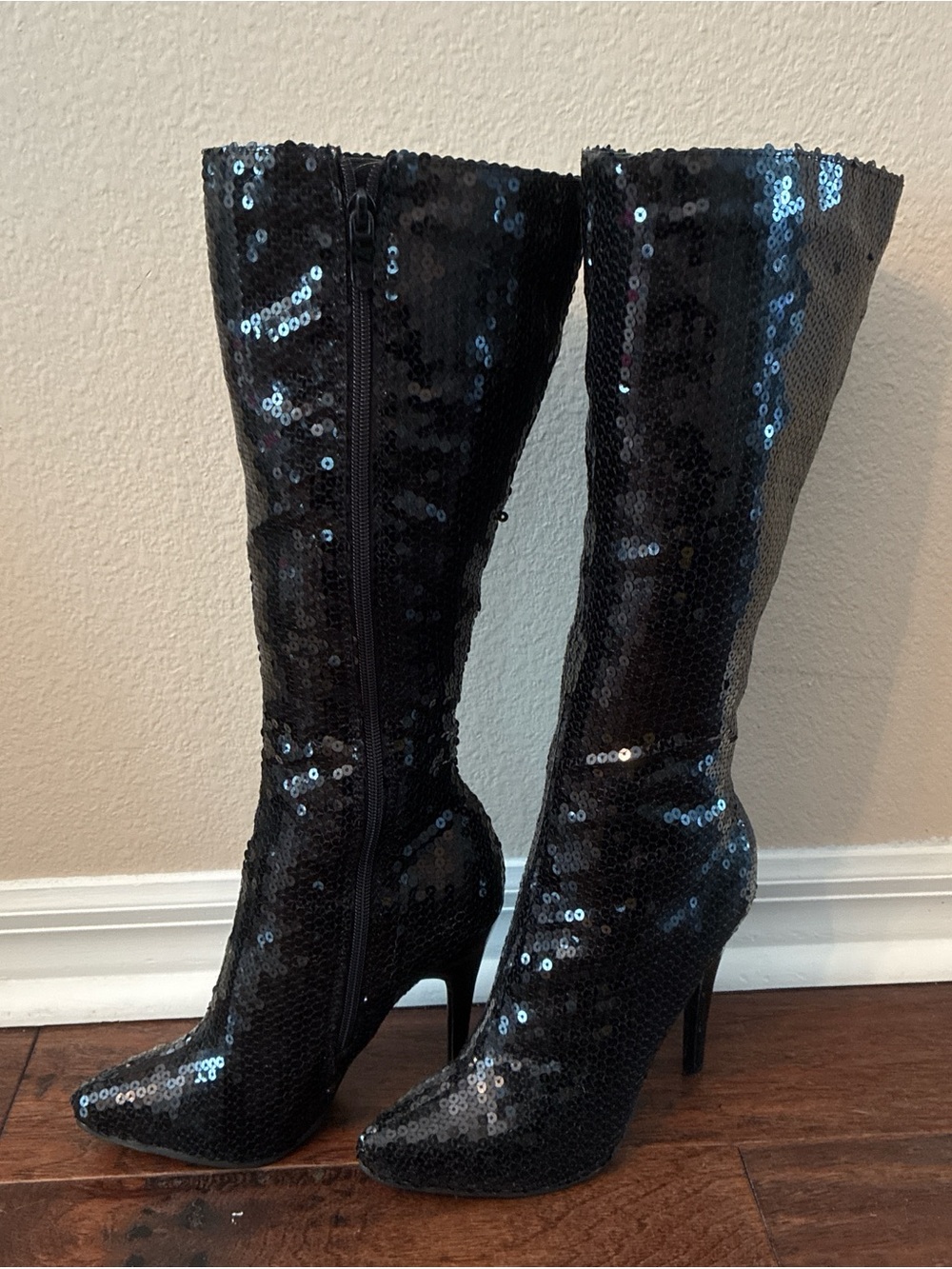 Knee-high sequin heeled boots